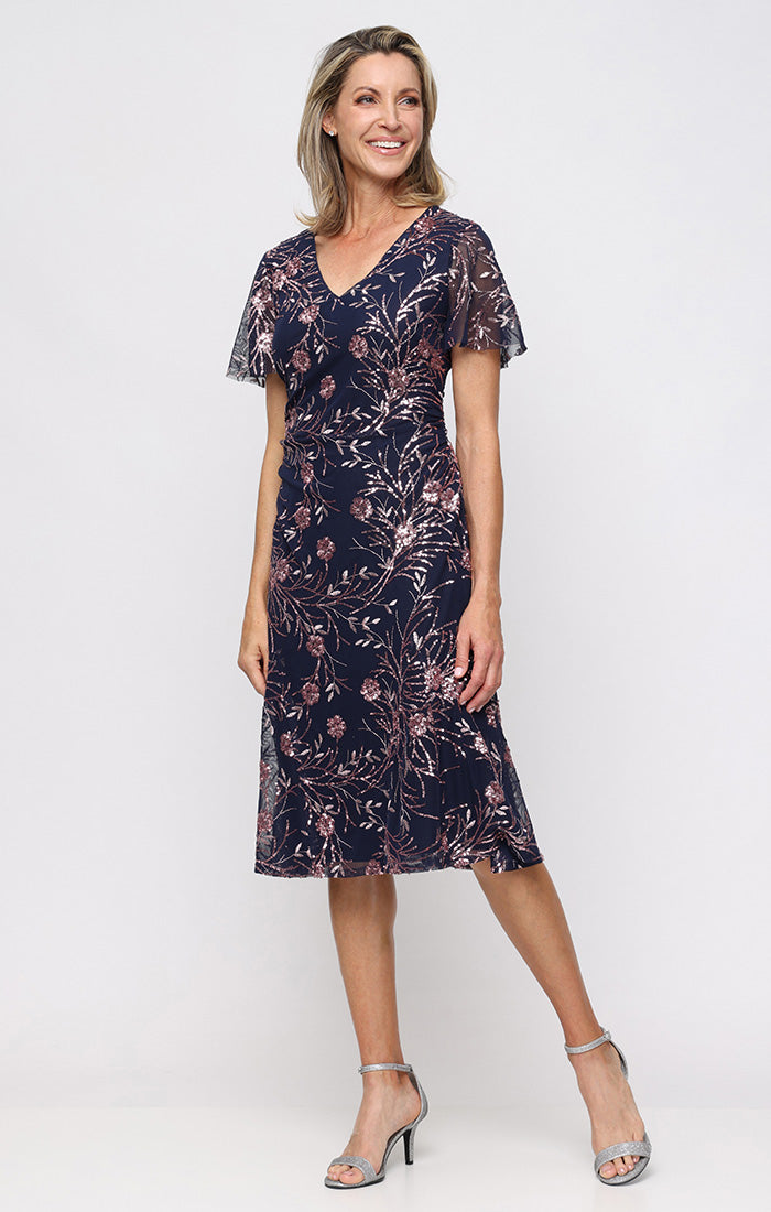 V-Neck Midi Mesh Formal A-Line Dress SL Fashions 9220343