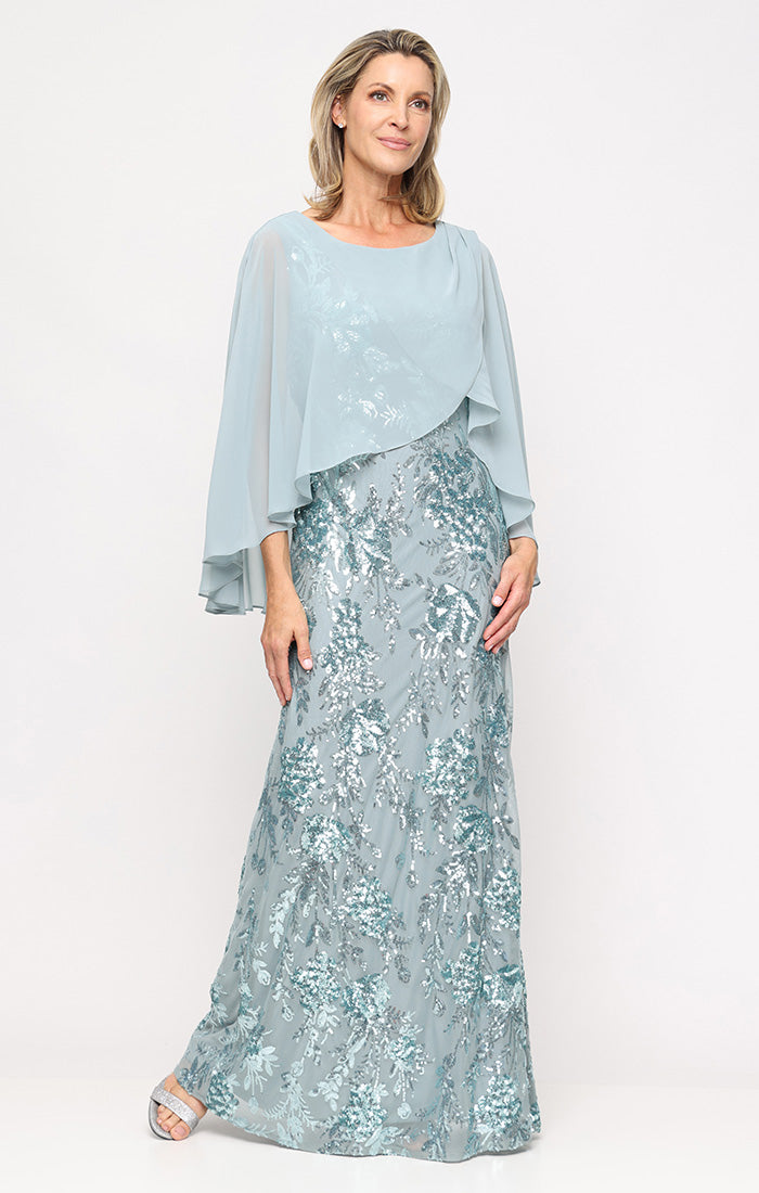 Sage Jewel Neck Floor-Length Sequin Evening Gown with Chiffon Capelet SL Fashions 9120348
