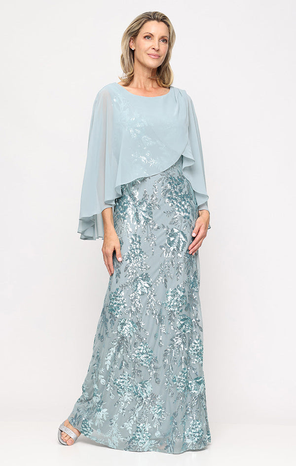 Jewel Neck Floor-Length Sequin Evening Gown with Chiffon Capelet SL Fashions 9120348
