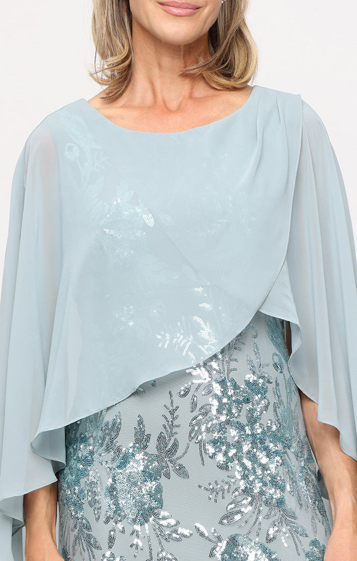 Sage Jewel Neck Floor-Length Sequin Evening Gown with Chiffon Capelet SL Fashions 9120348
