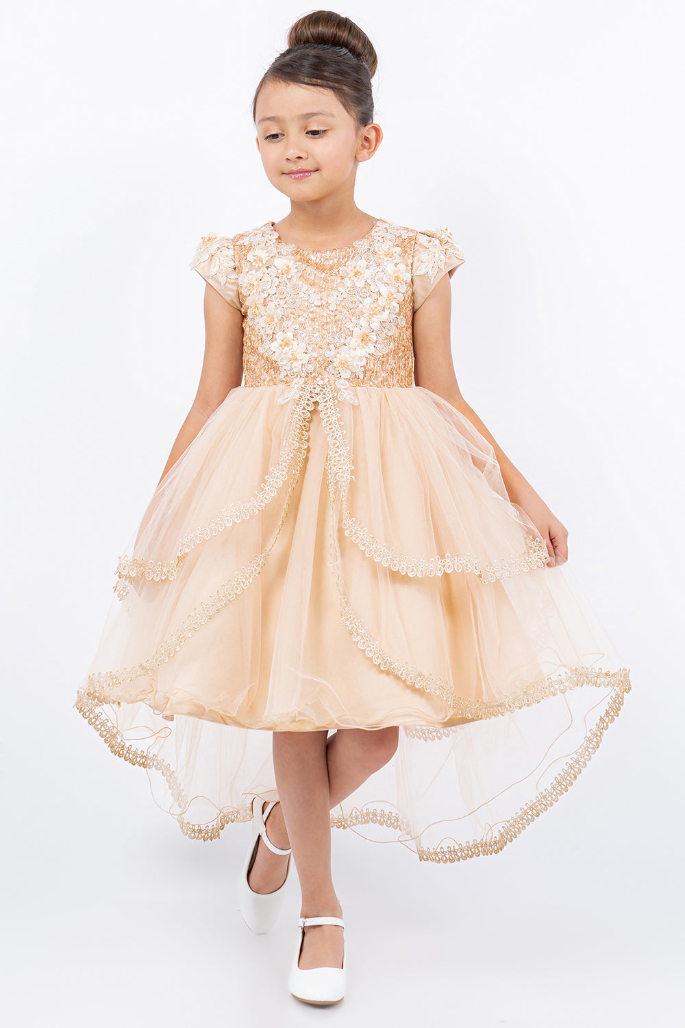 Flower Girl Dresses High Low 3D Floral Applique Flower Girl Dress Taupe