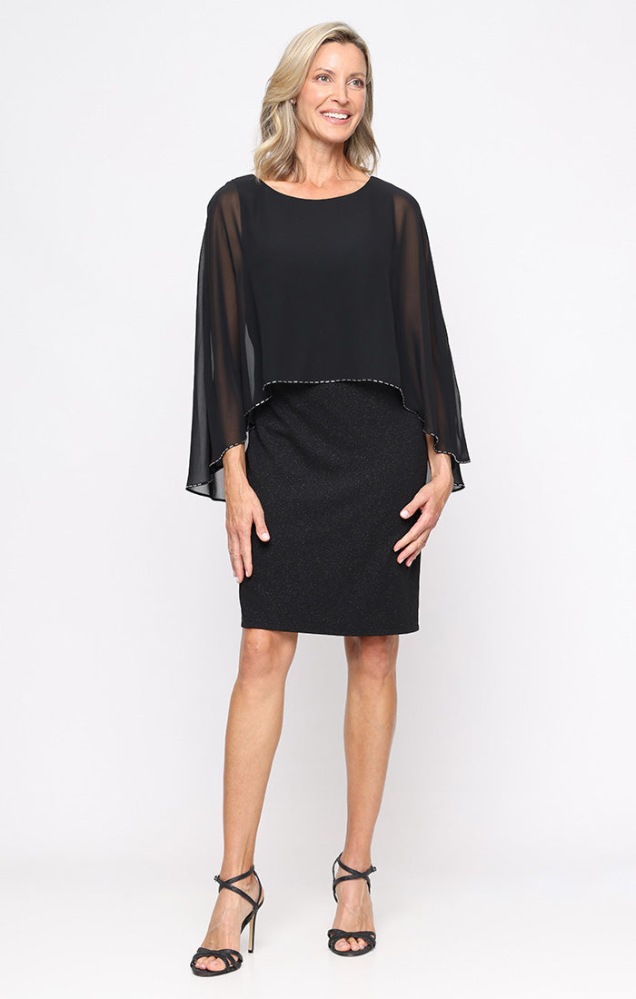 Black Scoop Knee-Length Chiffon Cocktail Dress with Beaded Capelet SL Fashions 9227320