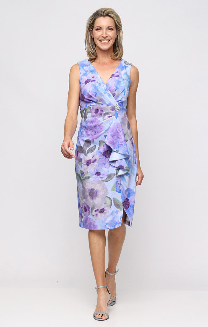 V-Neck Knee-Length Floral Scuba Wedding Guest Sheath Dress - SL Fashions 9127332