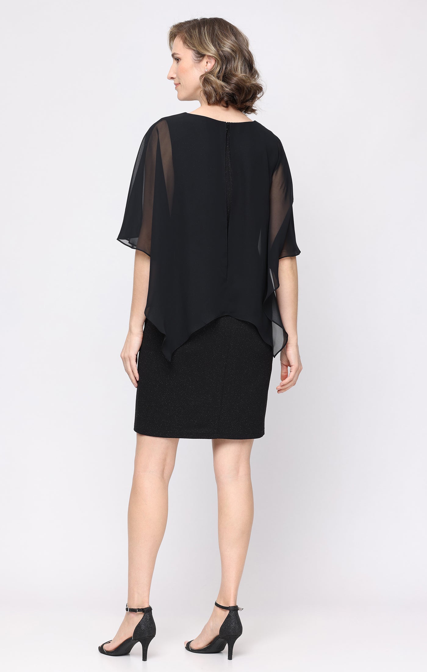 Black SL Fashions 9127340 V-Neck Knee-Length Glitter Cocktail Dress Capelet