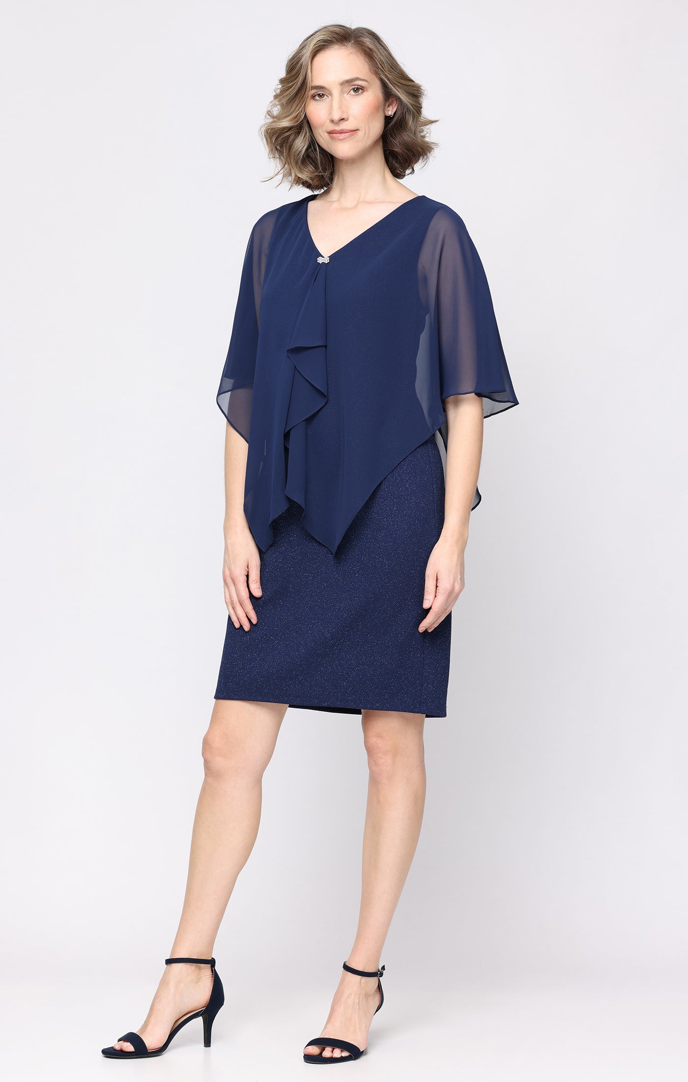 Navy SL Fashions 9227340 V-Neck Knee-Length Glitter Chiffon Cocktail Dress Capelet