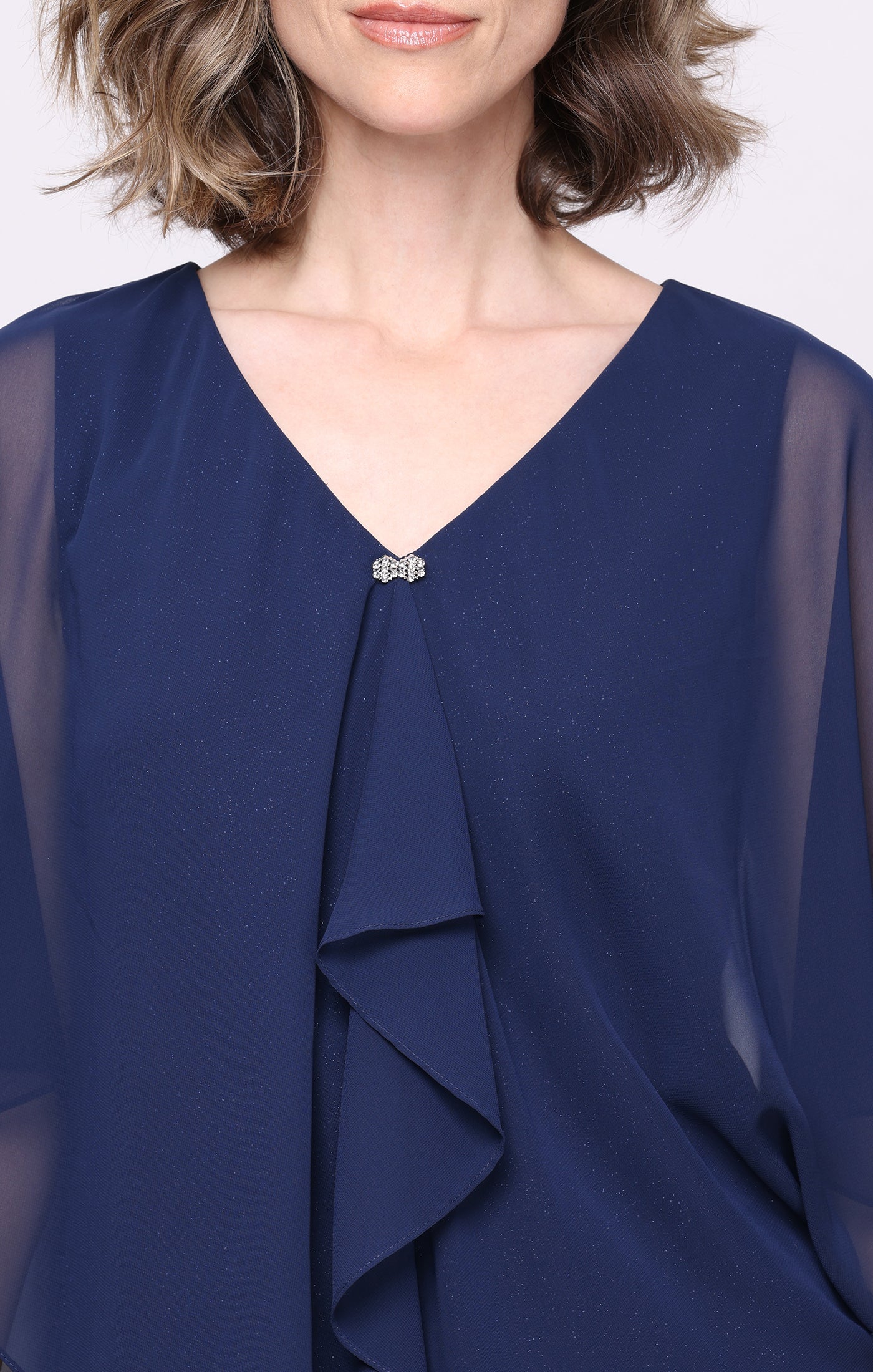 Navy SL Fashions 9227340 V-Neck Knee-Length Glitter Chiffon Cocktail Dress Capelet