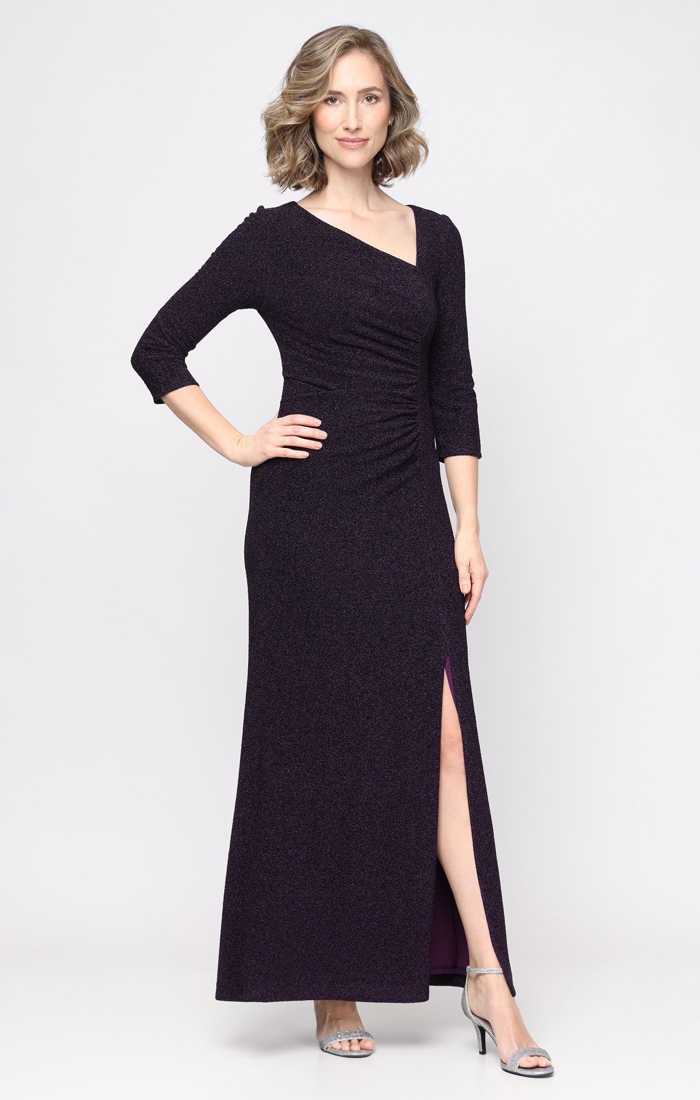 Plum SL Fashions 9227341 Asymmetrical Floor-Length Glitter Formal Dress Slit