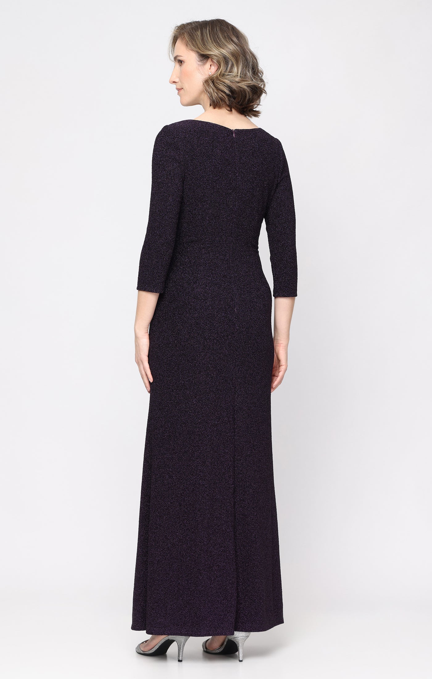 Plum SL Fashions 9227341 Asymmetrical Floor-Length Glitter Formal Dress Slit