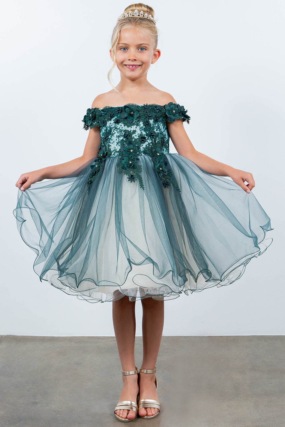 Flower Girl Dresses Short 3D Floral Applique Flower Girl Dress Hunter Green