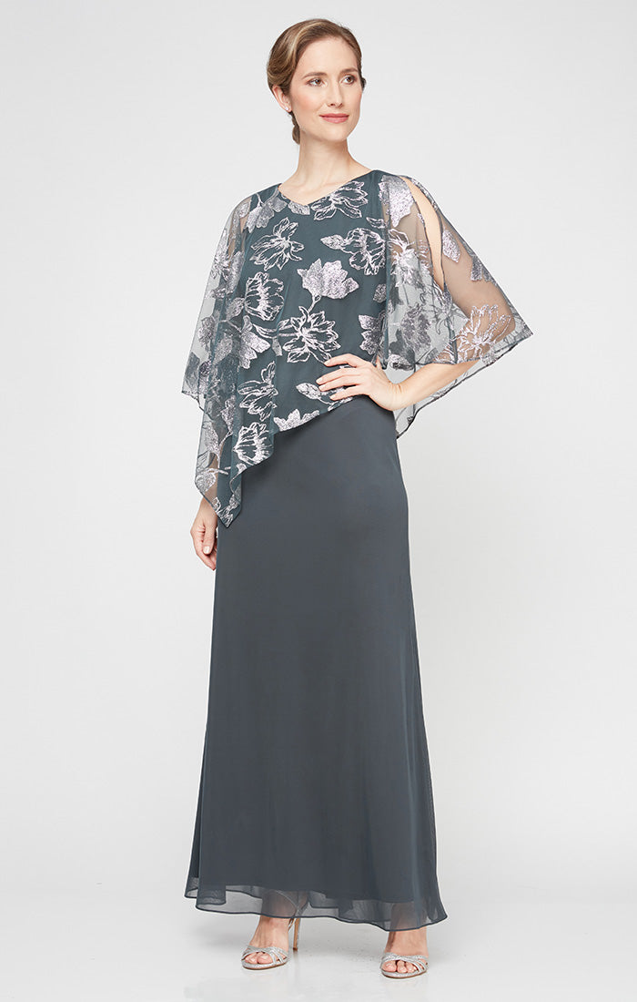 V-Neck Floor-Length Chiffon Formal Sheath Gown with Floral Metallic Cape SL Fashions 9233232