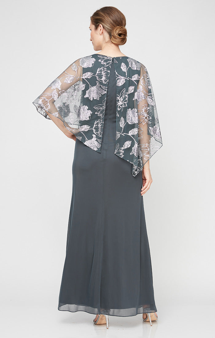 V-Neck Floor-Length Chiffon Formal Sheath Gown with Floral Metallic Cape SL Fashions 9233232