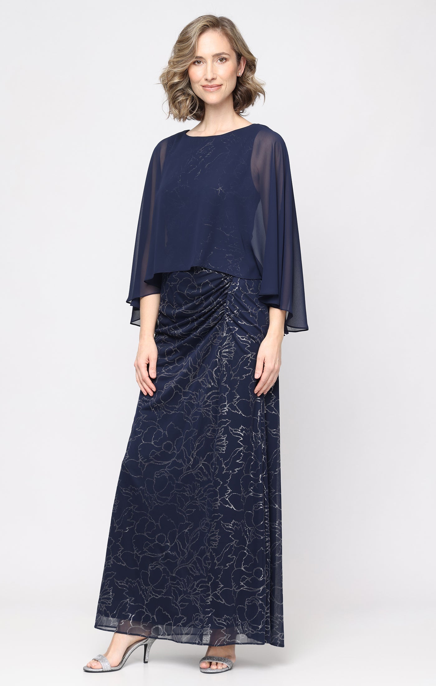 Navy/Silver SL Fashions 9233291 Bateau Floor-Length Chiffon Evening Dress Capelet