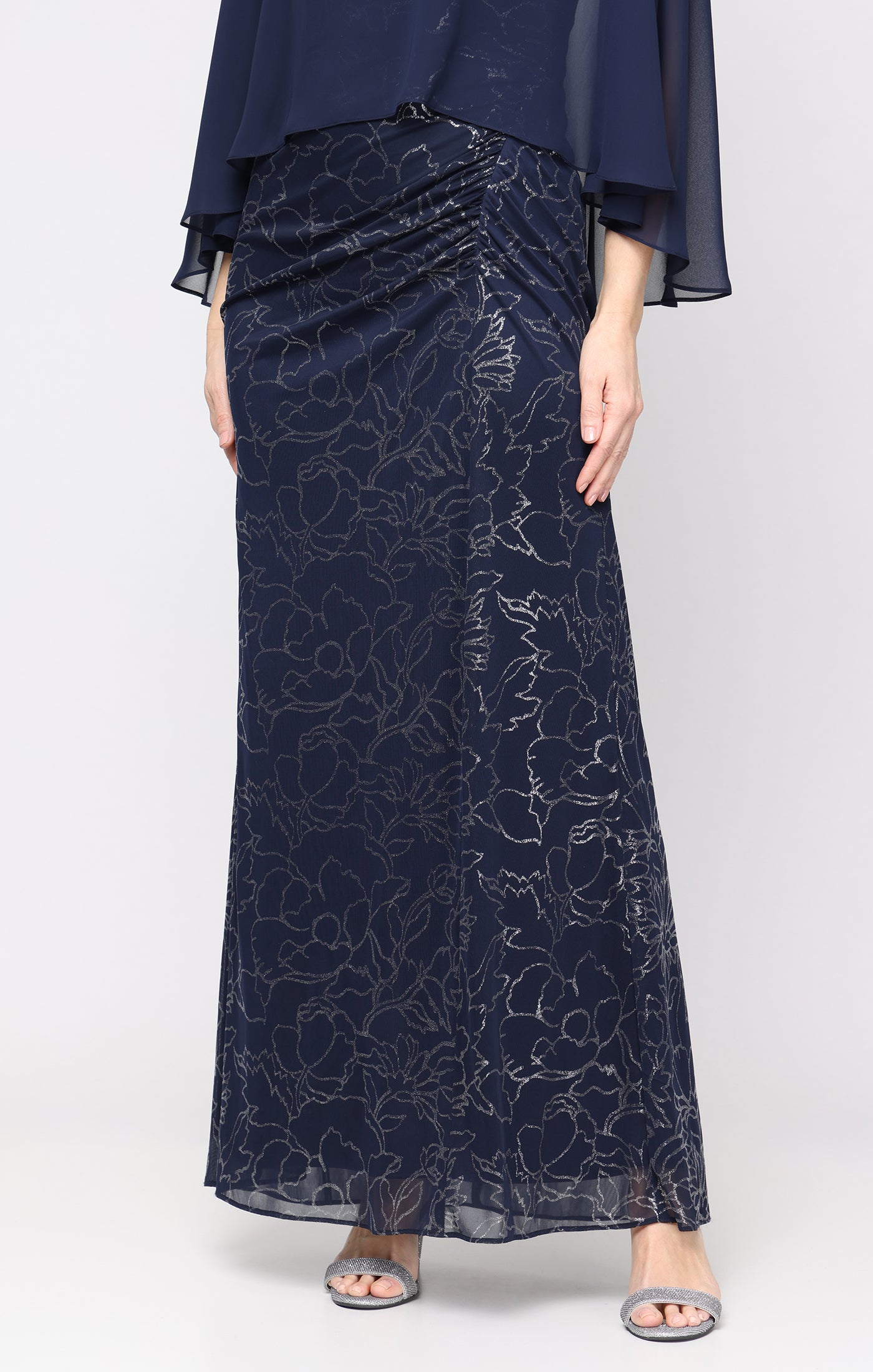 Navy/Silver SL Fashions 9233291 Bateau Floor-Length Chiffon Evening Dress Capelet