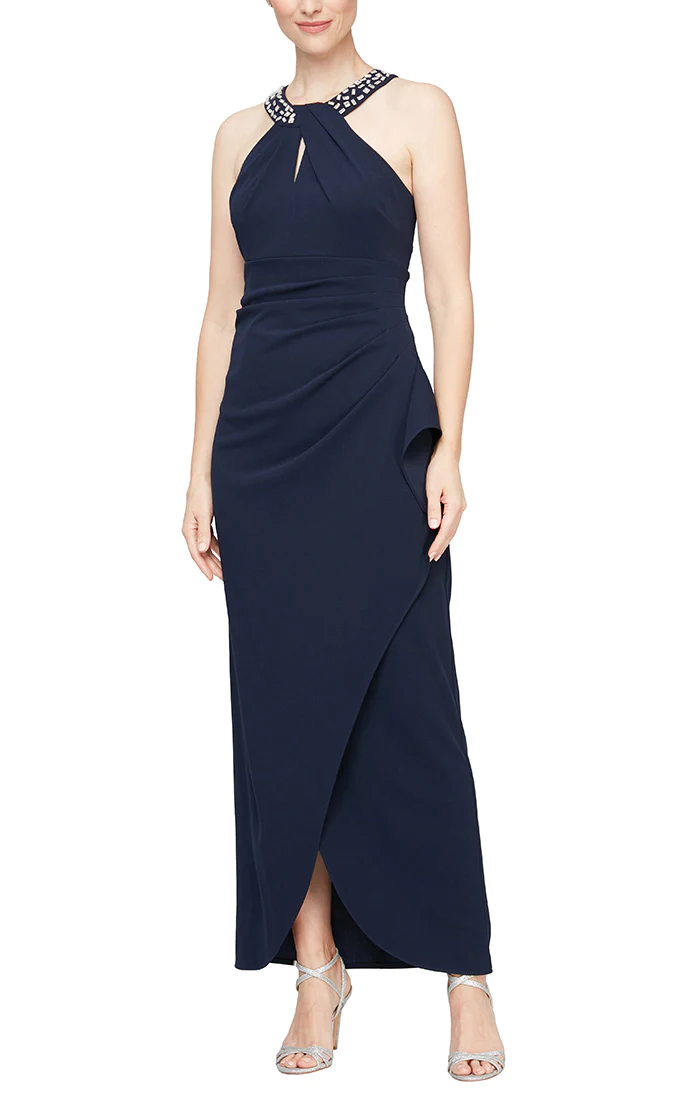 SL Fashions Women's Solid Sleeveless V Neck Full Length Sheath Formal Dress Blue Size 16