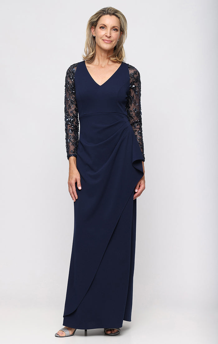 Navy V-Neck Floor-Length Crepe Evening Gown with Beaded Long Sleeves SL Fashions 9137265