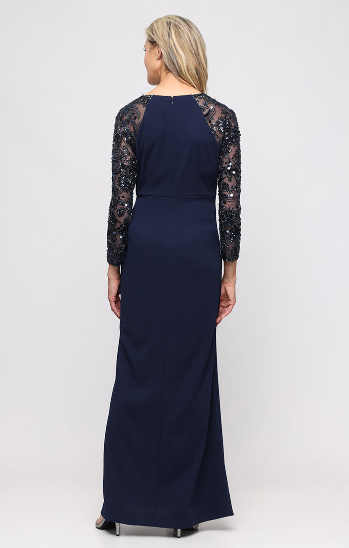 Navy V-Neck Floor-Length Crepe Evening Gown with Beaded Long Sleeves SL Fashions 9137265