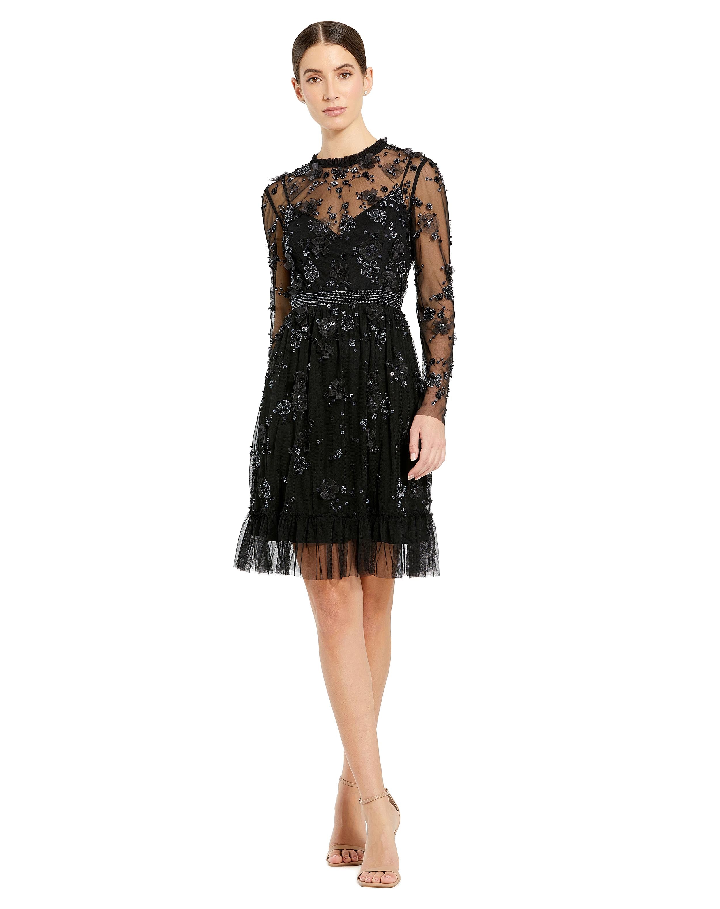 Mac Duggal - Black Sheer Long Sleeve Embellished Mini Dress - US 4 Mac Duggal - Black Sheer Long Sleeve Embellished Mini Dress - US 4