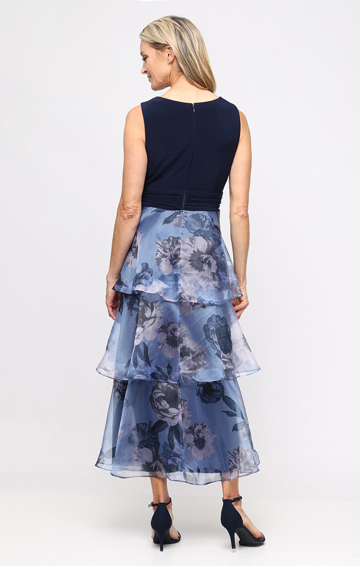 V-Neck Tea-Length Floral Organza Formal A-Line Dress - SL Fashions 9141230
