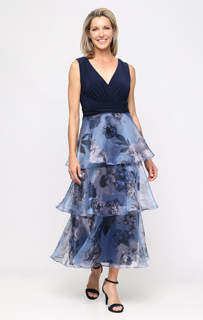 V-Neck Tea-Length Floral Organza Formal A-Line Dress - SL Fashions 9141230