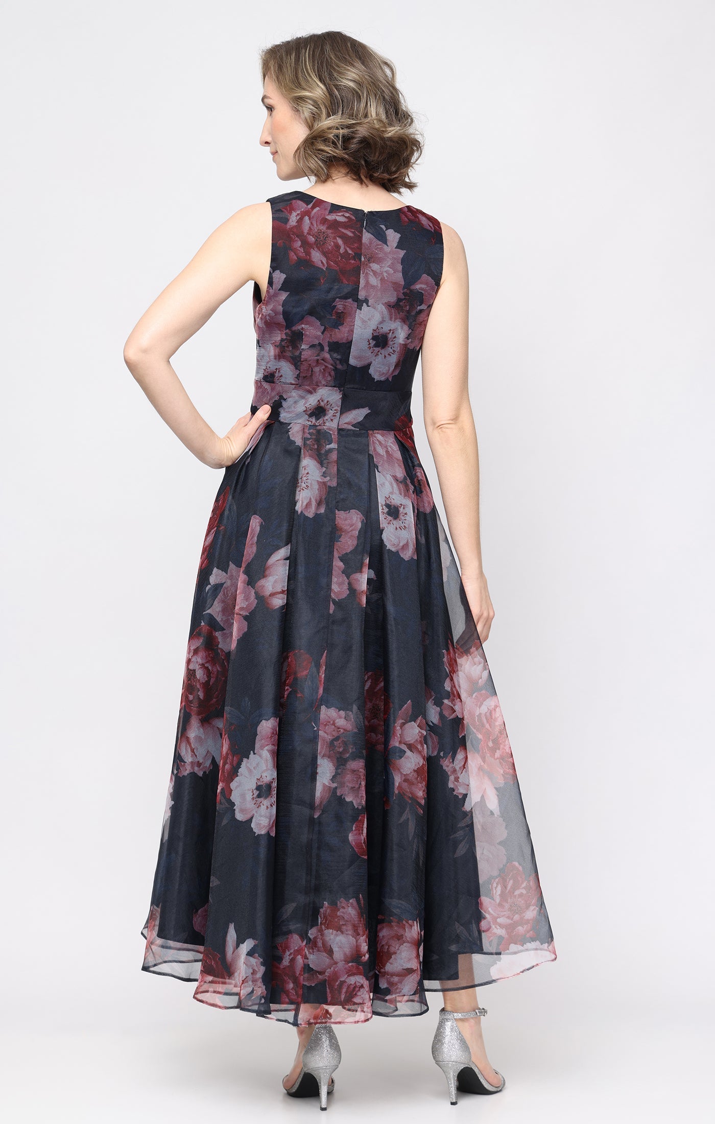 Navy Multi SL Fashions 9141232 V-Neck High-Low Floral Organza Cocktail Dress Pockets