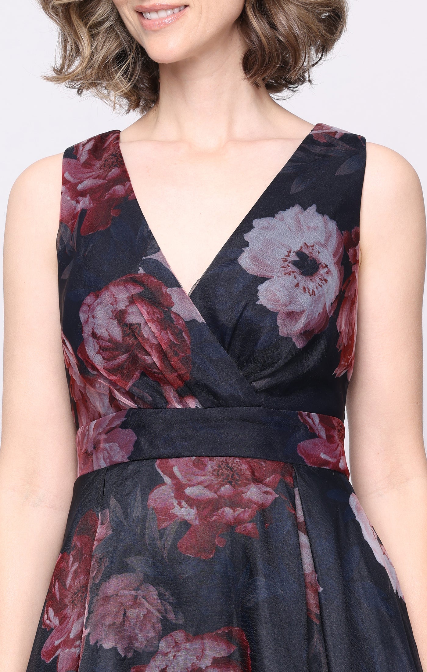 Navy Multi SL Fashions 9141232 V-Neck High-Low Floral Organza Cocktail Dress Pockets