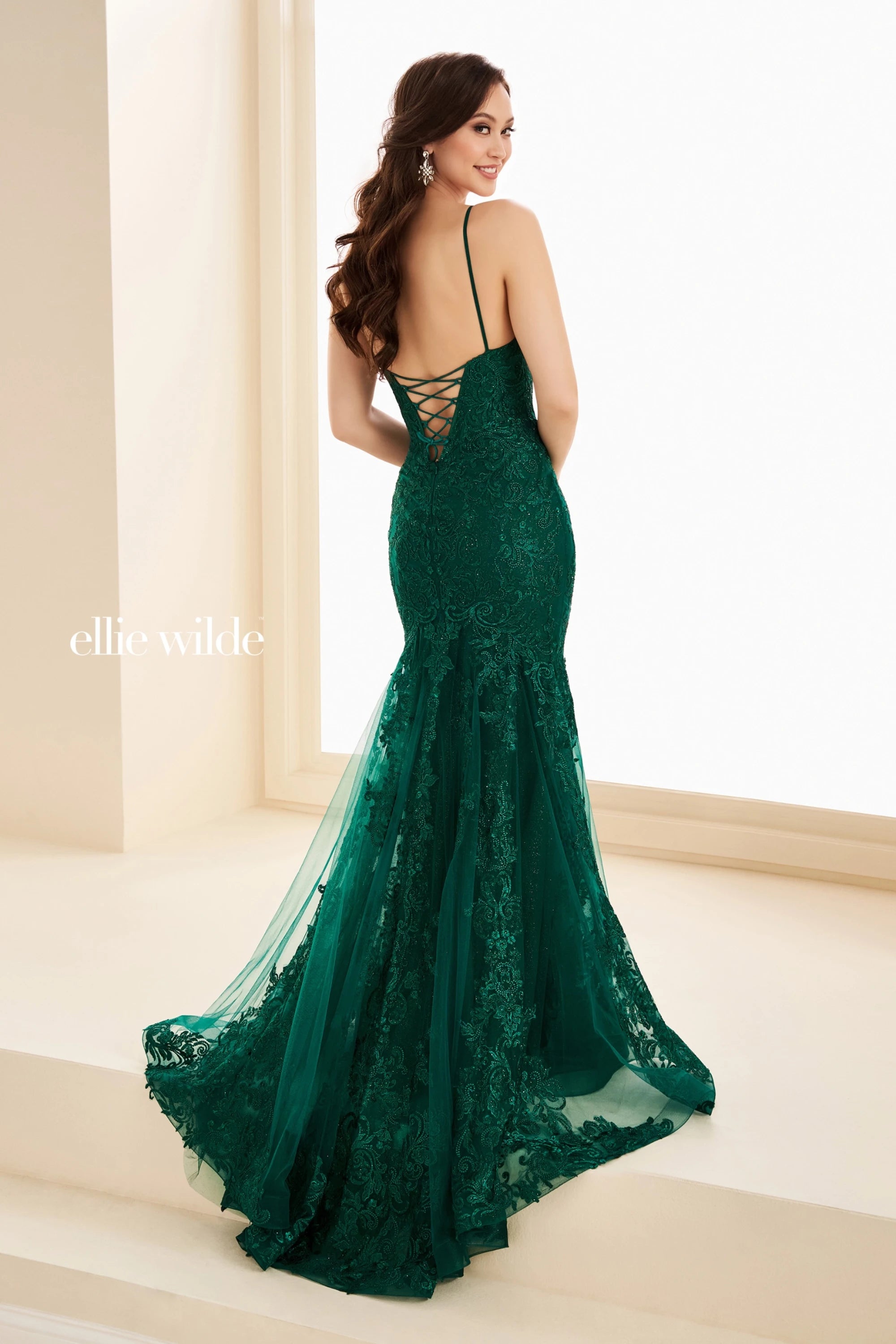 Prom Dresses Long Formal Lace Glitter Mermaid Prom Dress Ellie Wilde EW37209 Emerald