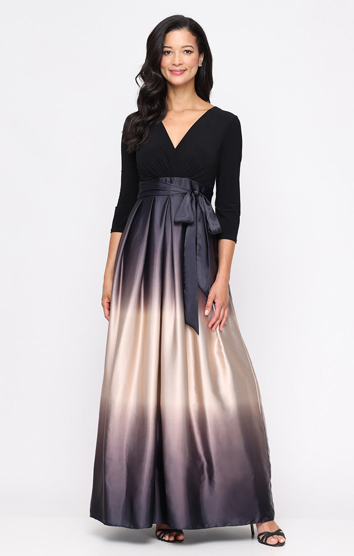 Black Champagne V-Neck Floor-Length Satin Ombre Evening Gown with 3/4 Sleeves SL Fashions 9251145