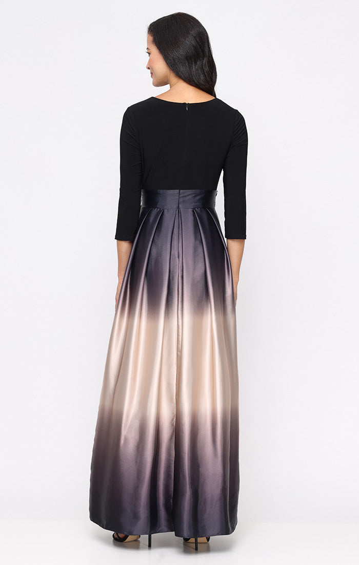 Black Champagne V-Neck Floor-Length Satin Ombre Evening Gown with 3/4 Sleeves SL Fashions 9251145