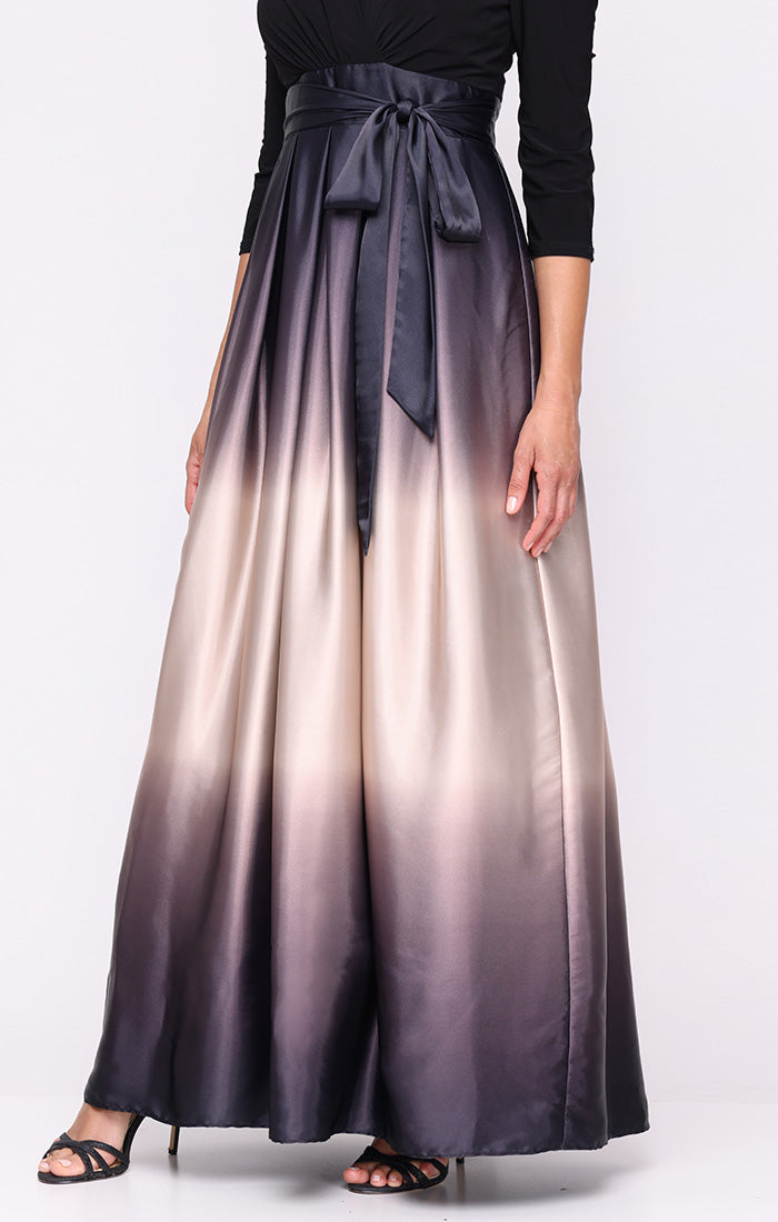 Black Champagne V-Neck Floor-Length Satin Ombre Evening Gown with 3/4 Sleeves SL Fashions 9251145