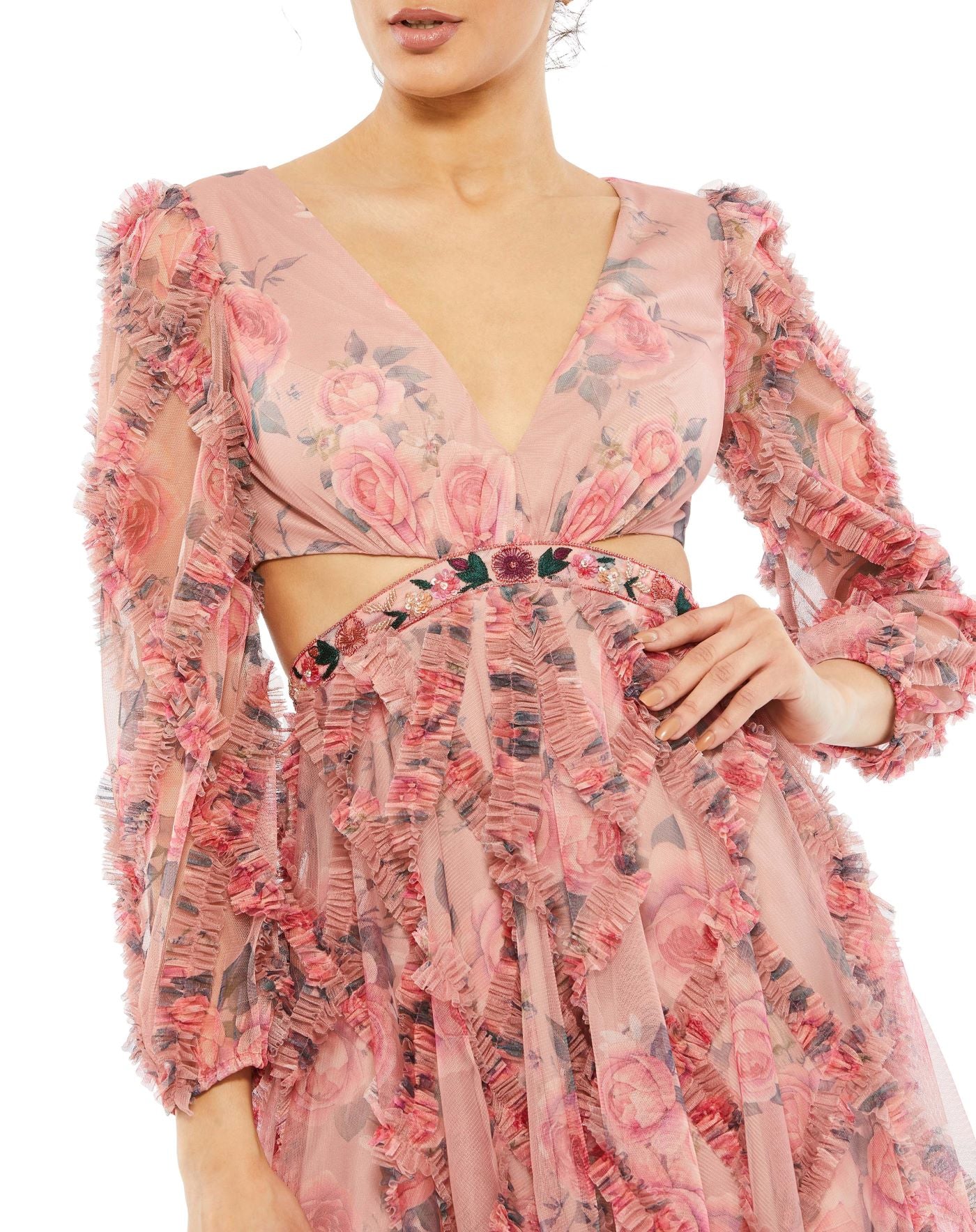 Mac Duggal A9151 Long Sleeve Floral Print Short Cocktail Dress