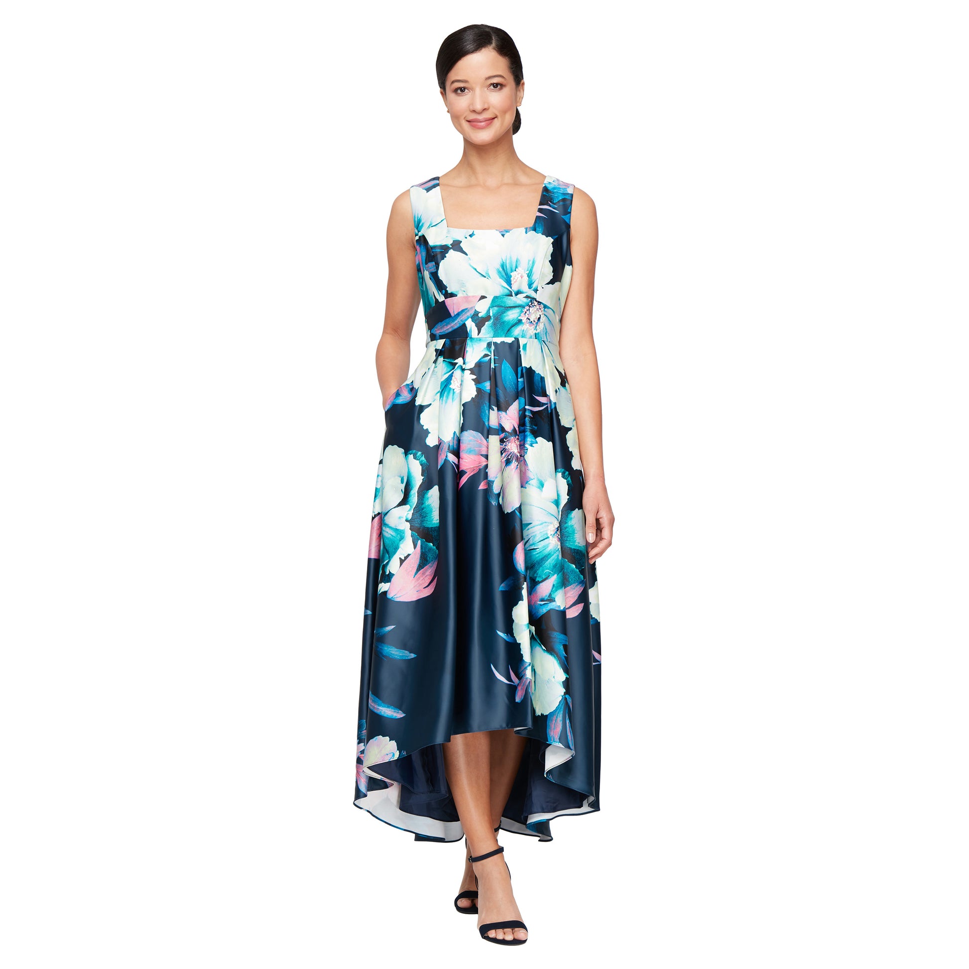 SL Fashions 9152126 Pleated High Low Printed Formal Pocket Dress