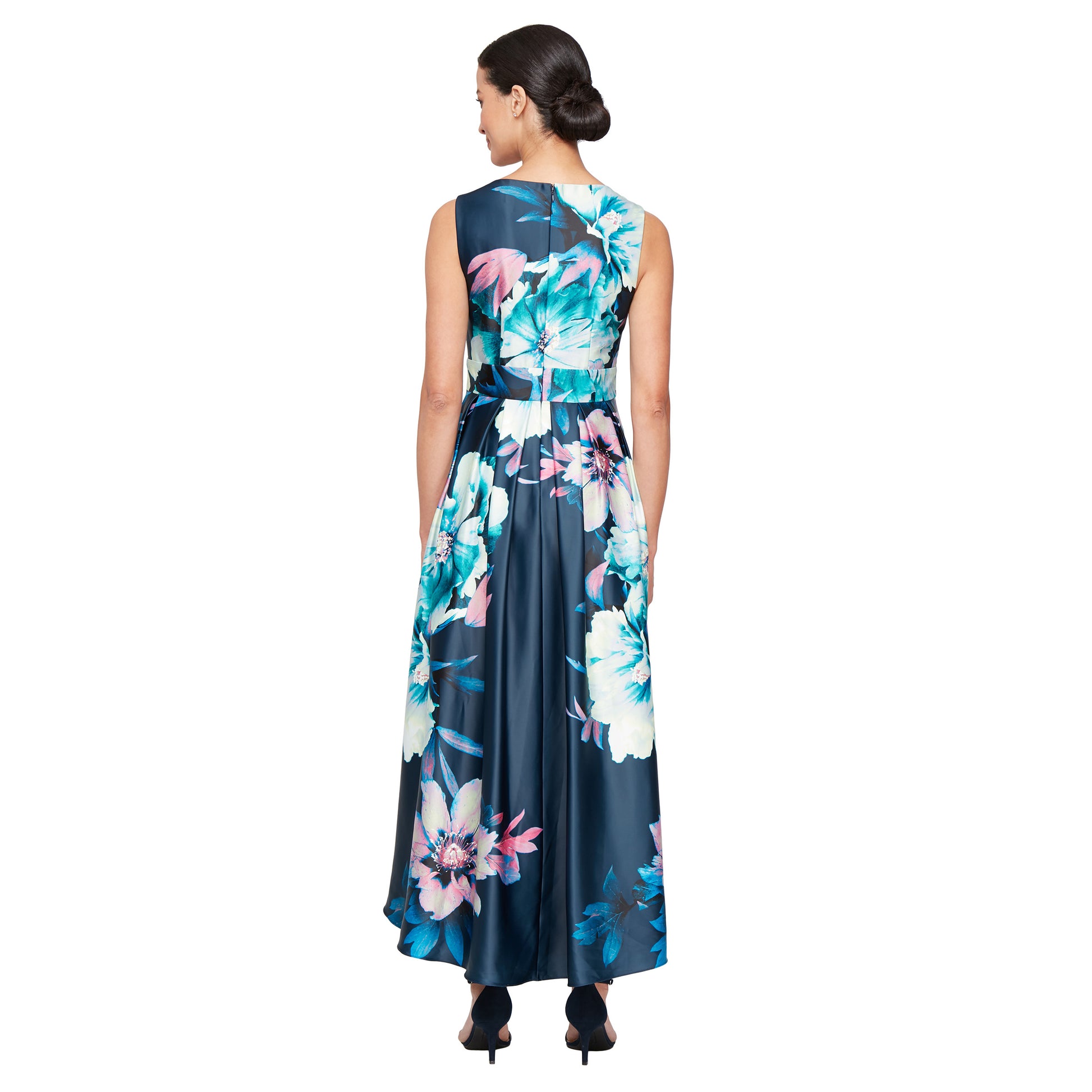 SL Fashions 9152126 Pleated High Low Printed Formal Pocket Dress