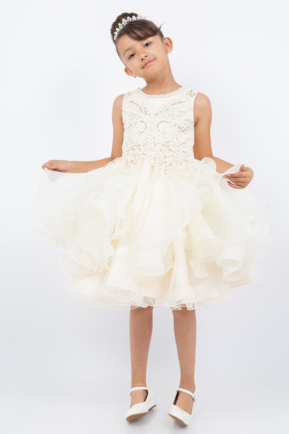 flower girl dresses ivory Girls Sparkling Sequin Lace Top Over Laid Tulle Skirt Flower Girl Dress 2-12 from Cinderella Couture at Sophia's Style Off-White / 10