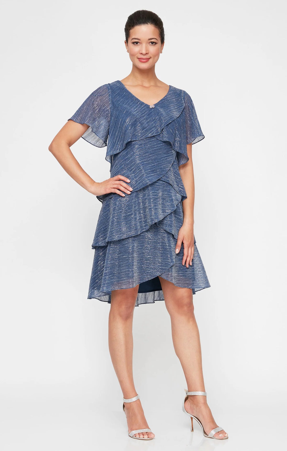 Shimmer Chiffon Tiered Short Dress SL Fashions 9155124