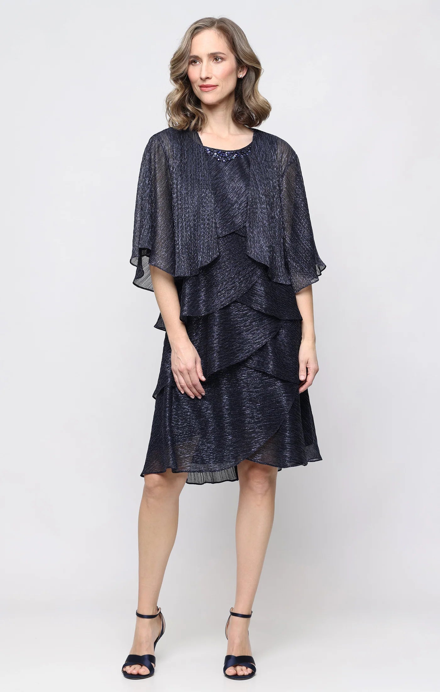 Tiered Beaded Neck Jacket Dress SL Fashions 9155215
