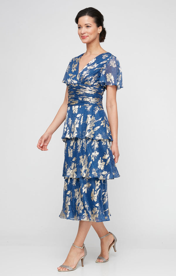 Sl Fashions Women's Floral Surplice-Neck Tiered Dress - Royal Gold