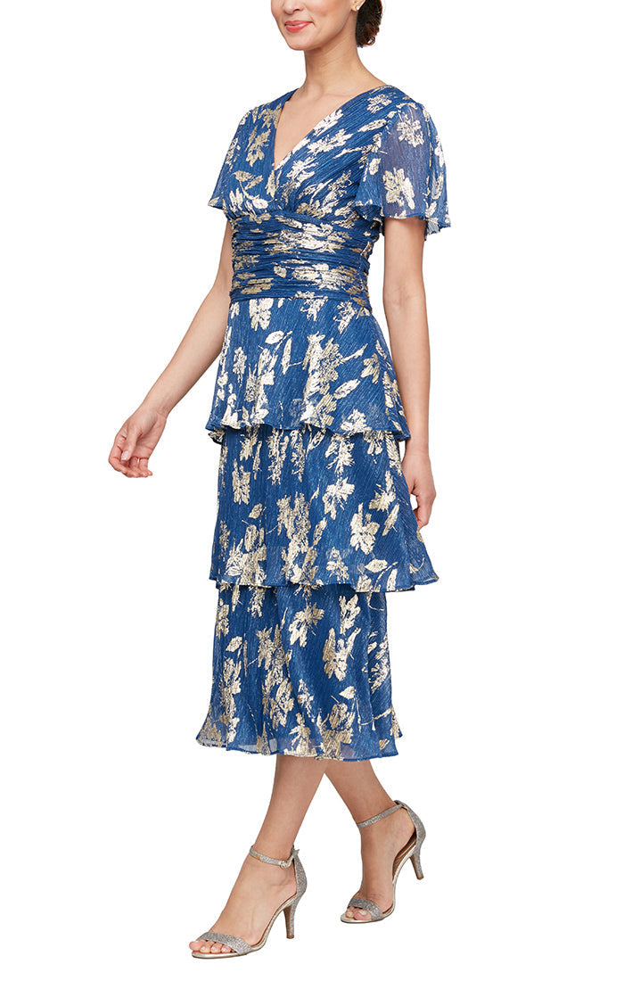 Royal Gold V-Neck Tea-Length Chiffon Cocktail Tiered Floral Dress SL Fashions 9155229