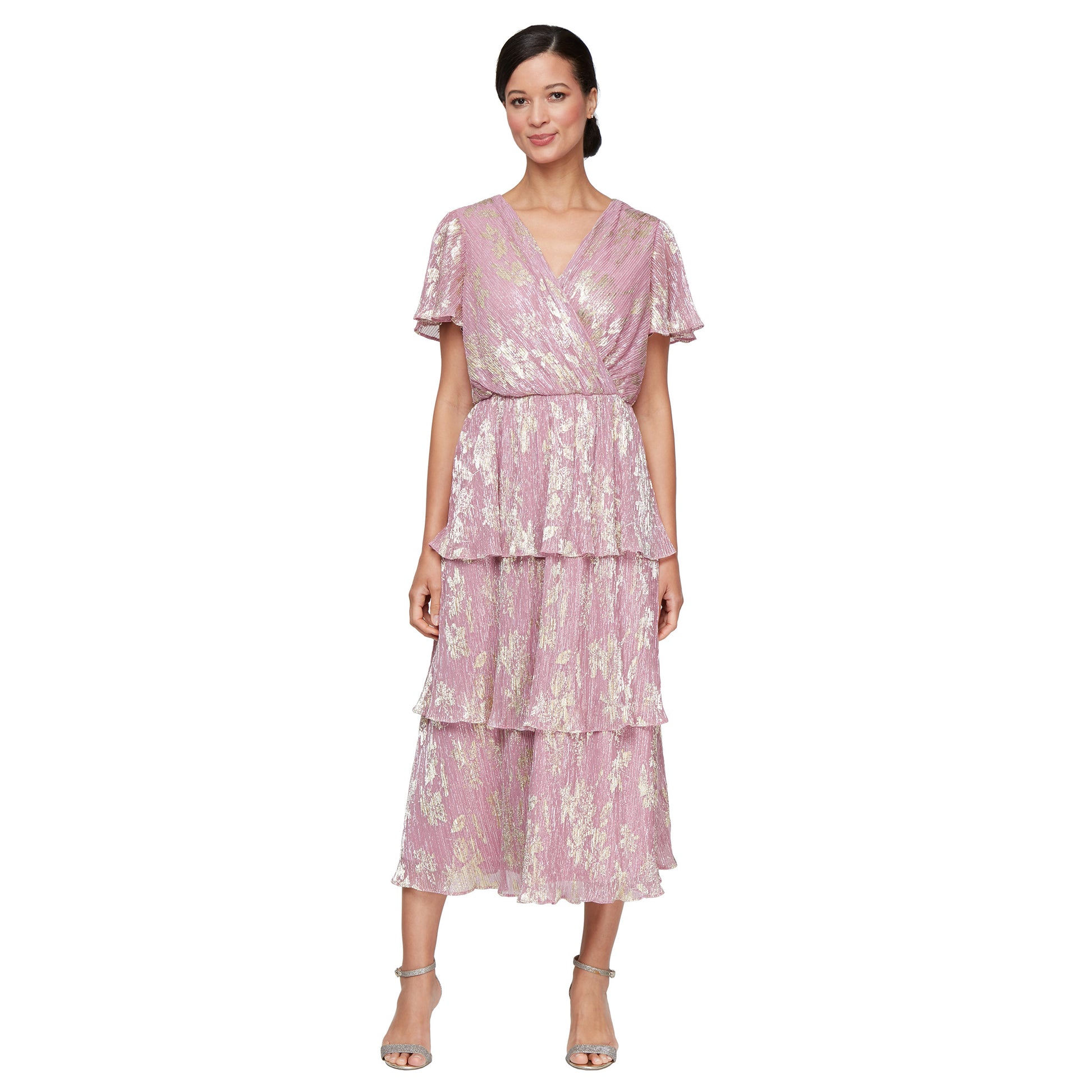 SL Fashions 9155245 Tiered Printed Metallic Midi Cocktail Dress