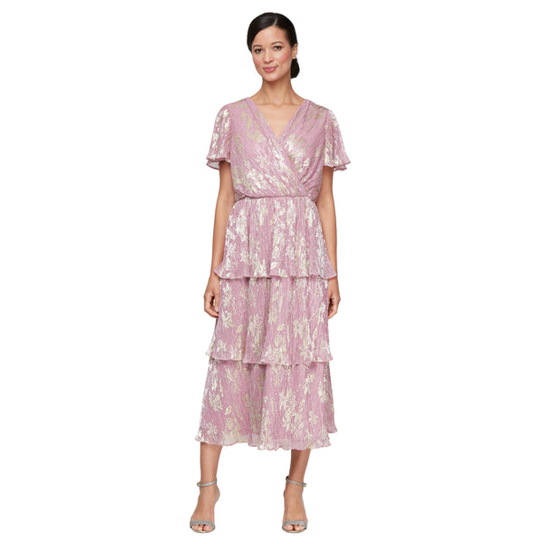 SL Fashions 9155245 Tiered Printed Metallic Midi Cocktail Dress