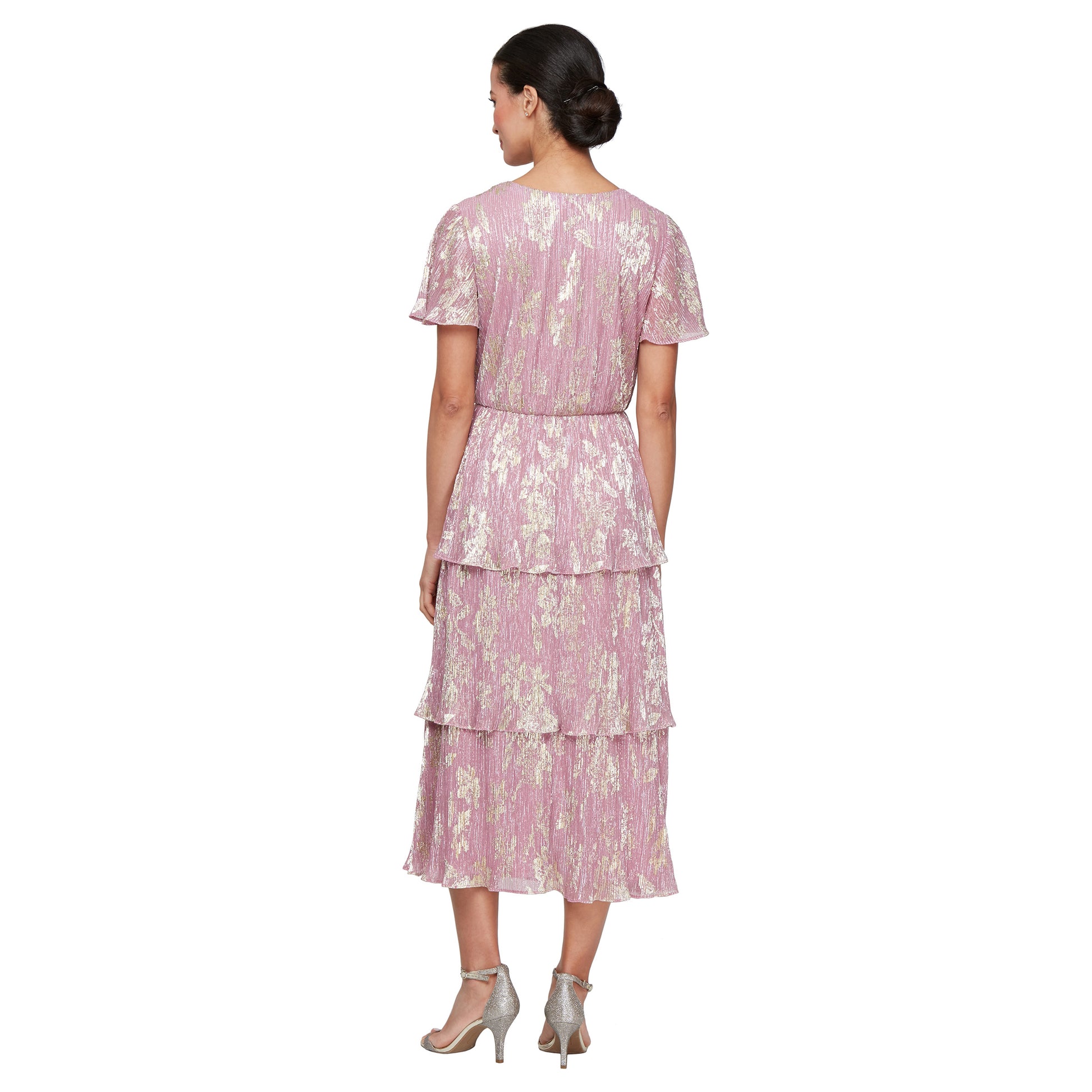 SL Fashions 9155245 Tiered Printed Metallic Midi Cocktail Dress