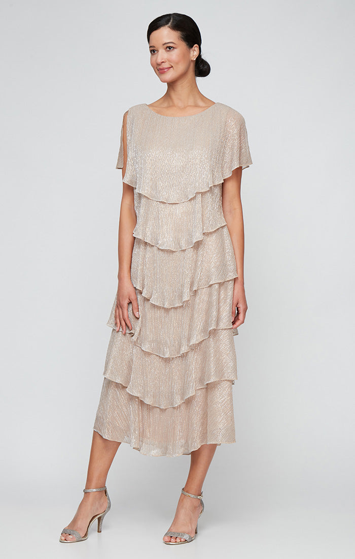 Cocktail Dresses Short Ruffle Tea Length Metallic Cocktail Dress SL Fashions 91552571 Gold