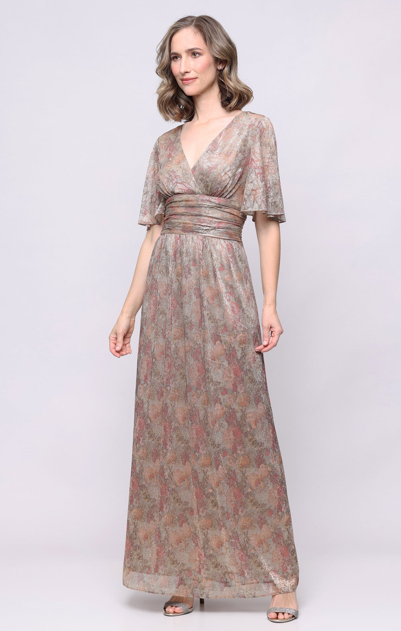 V-Neck Floor-Length Metallic Mesh Formal A-Line Gown SL Fashions 9155259