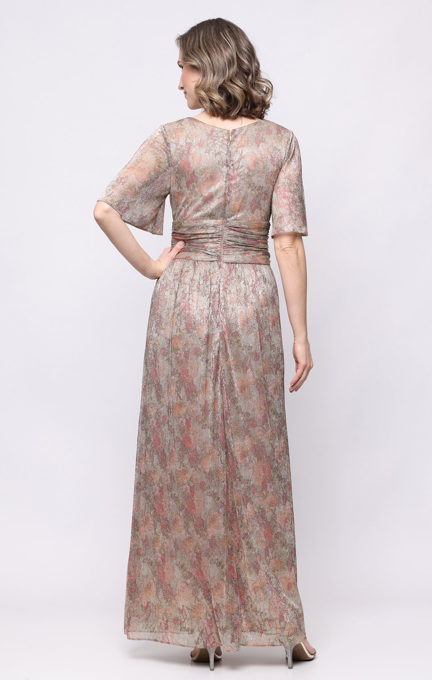 V-Neck Floor-Length Metallic Mesh Formal A-Line Gown SL Fashions 9155259