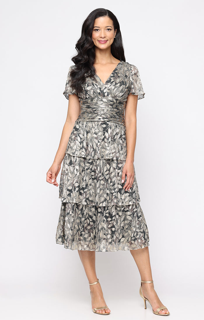 Black Gold SL Fashions 9255268 V-Neck Midi Chiffon Cocktail Dress Pleated