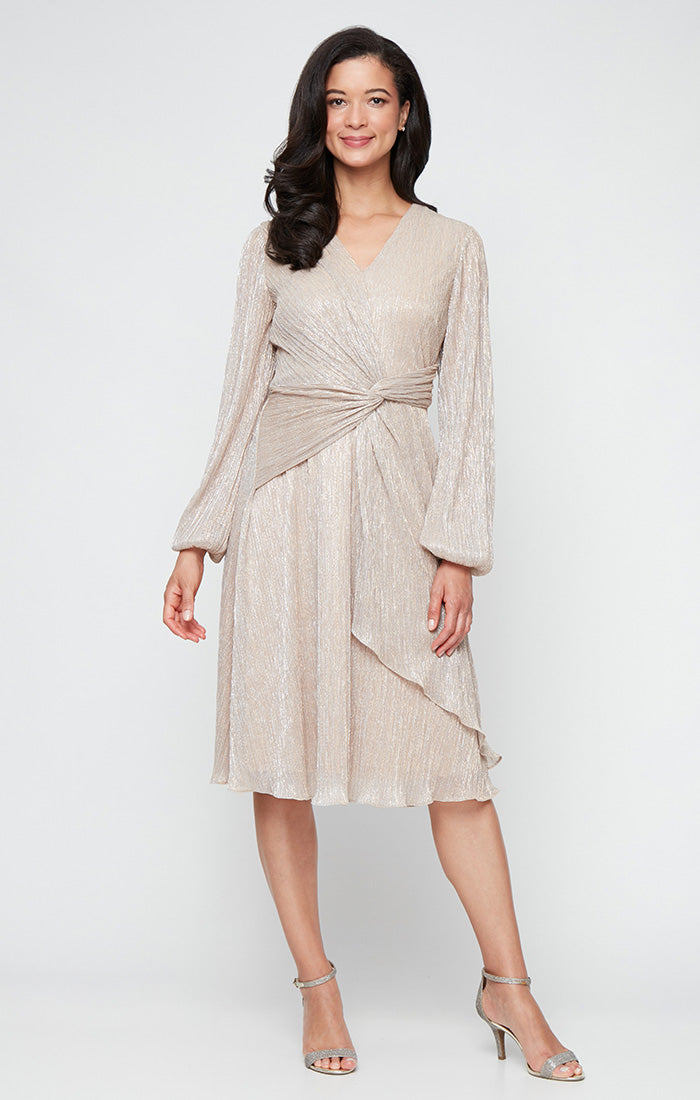 Mother of the Bride Dresses Metallic Long Sleeve Mother of the Bride Midi Cocktail Dress LIGHT GOLD