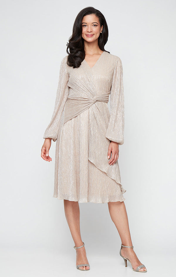 SL Fashions 9155281 Metallic Long Sleeve Mother of the Bride Midi Cocktail Dress