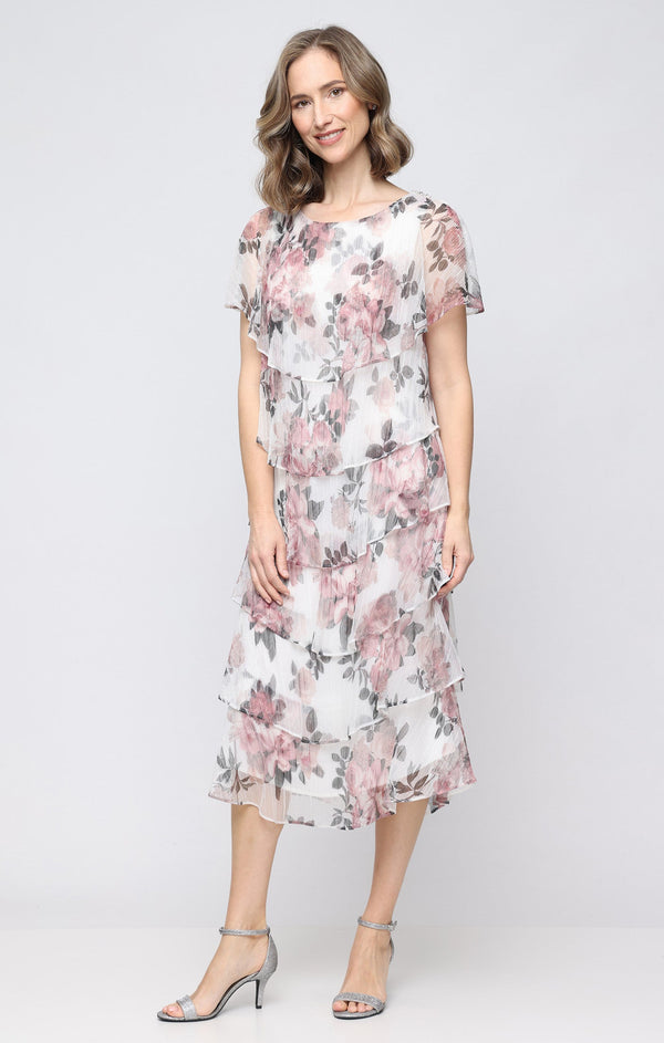 Scoop Neck Knee-Length Tiered Chiffon Floral Dress with Flutter Sleeves SL Fashions 9155294