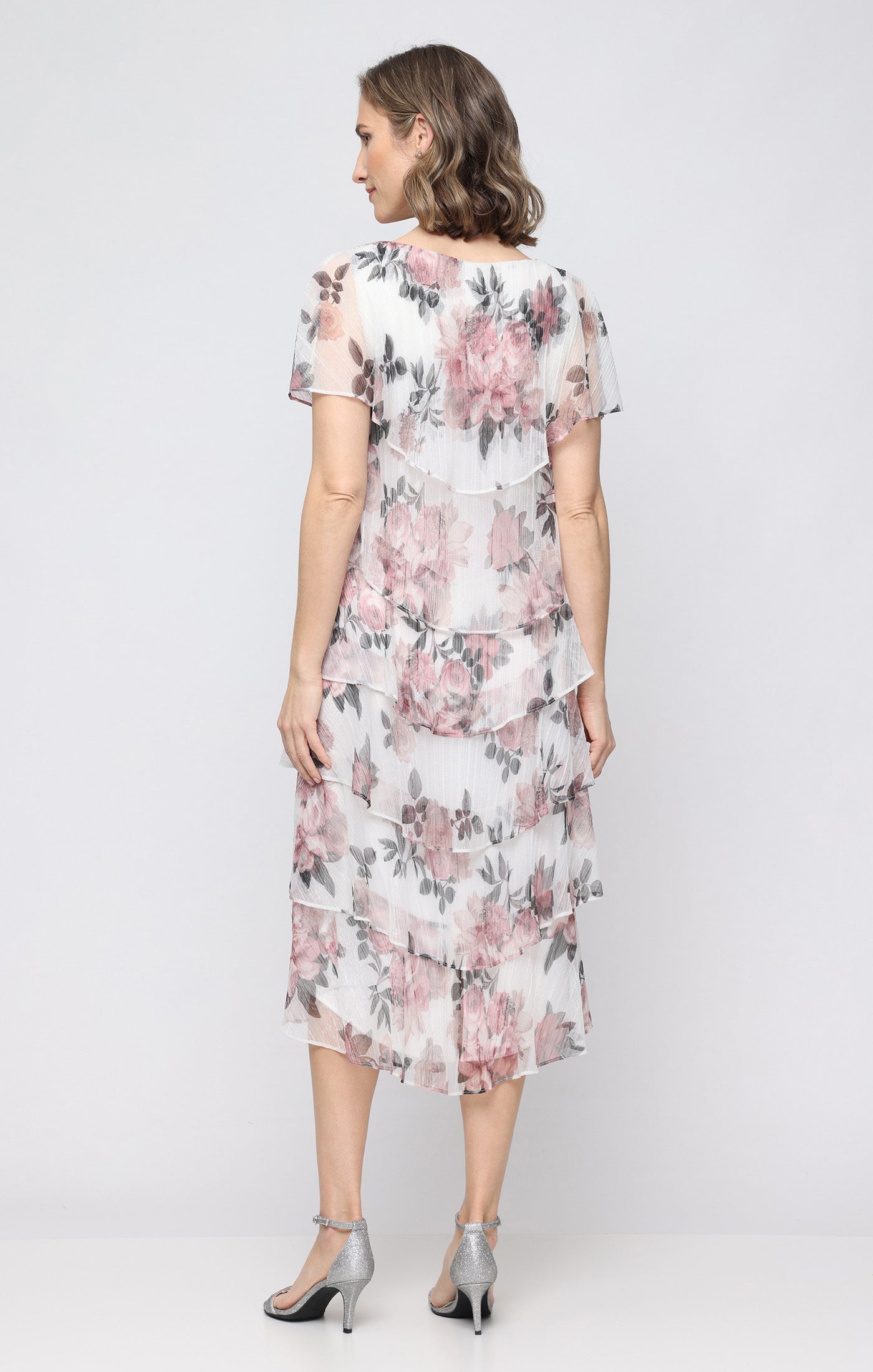 Ivory/Pink Scoop Neck Knee-Length Tiered Chiffon Floral Dress with Flutter Sleeves SL Fashions 9155294