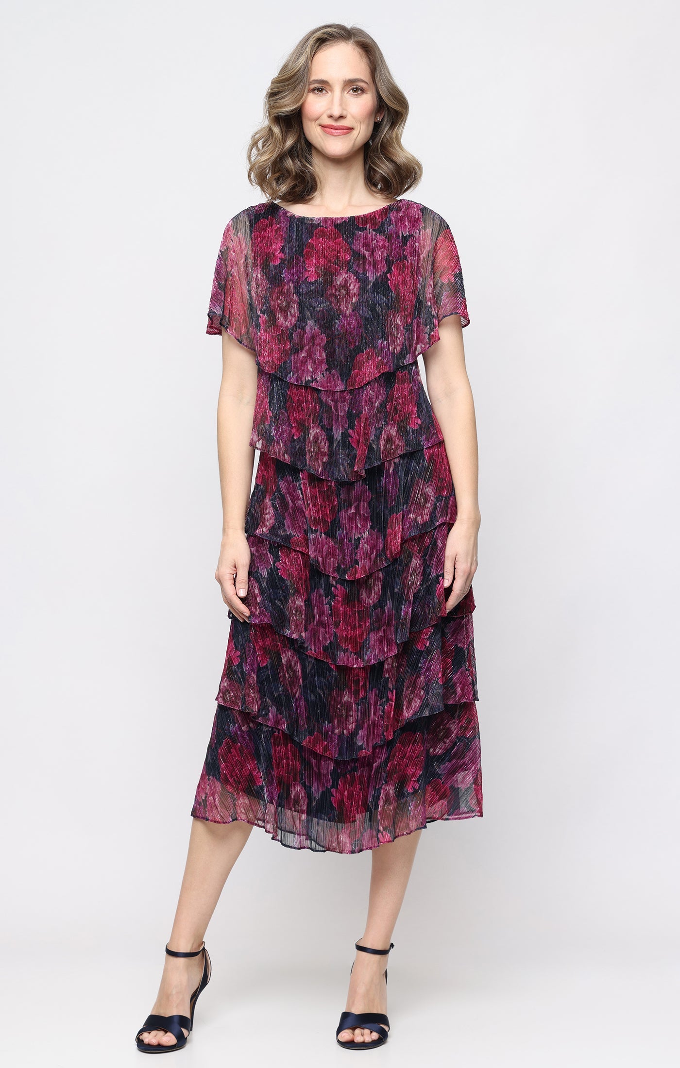 Pink Multi SL Fashions 9255295 Bateau Midi Mesh Tiered Floral Cocktail Dress Mettalic