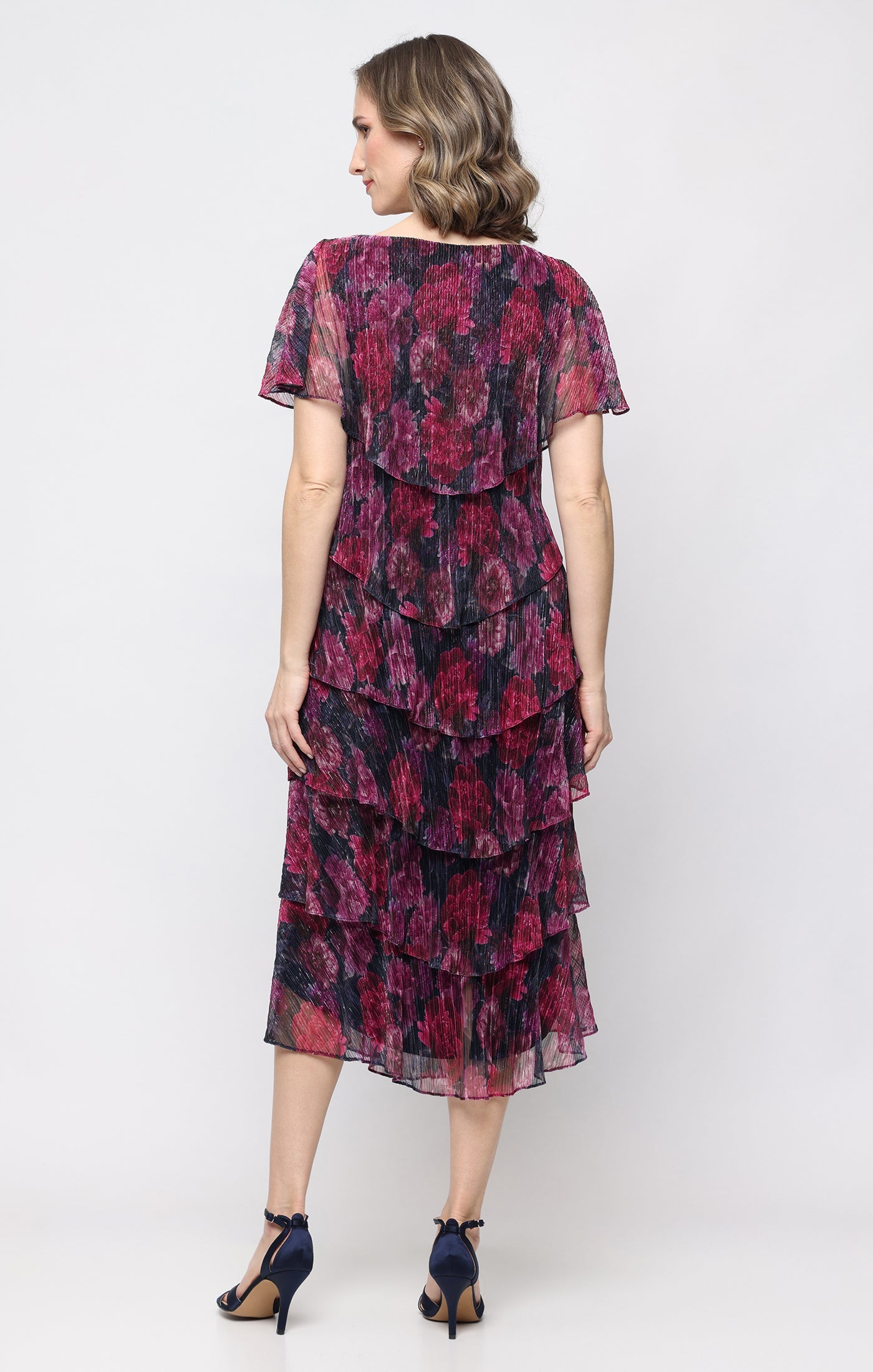 Pink Multi SL Fashions 9255295 Bateau Midi Mesh Tiered Floral Cocktail Dress Mettalic